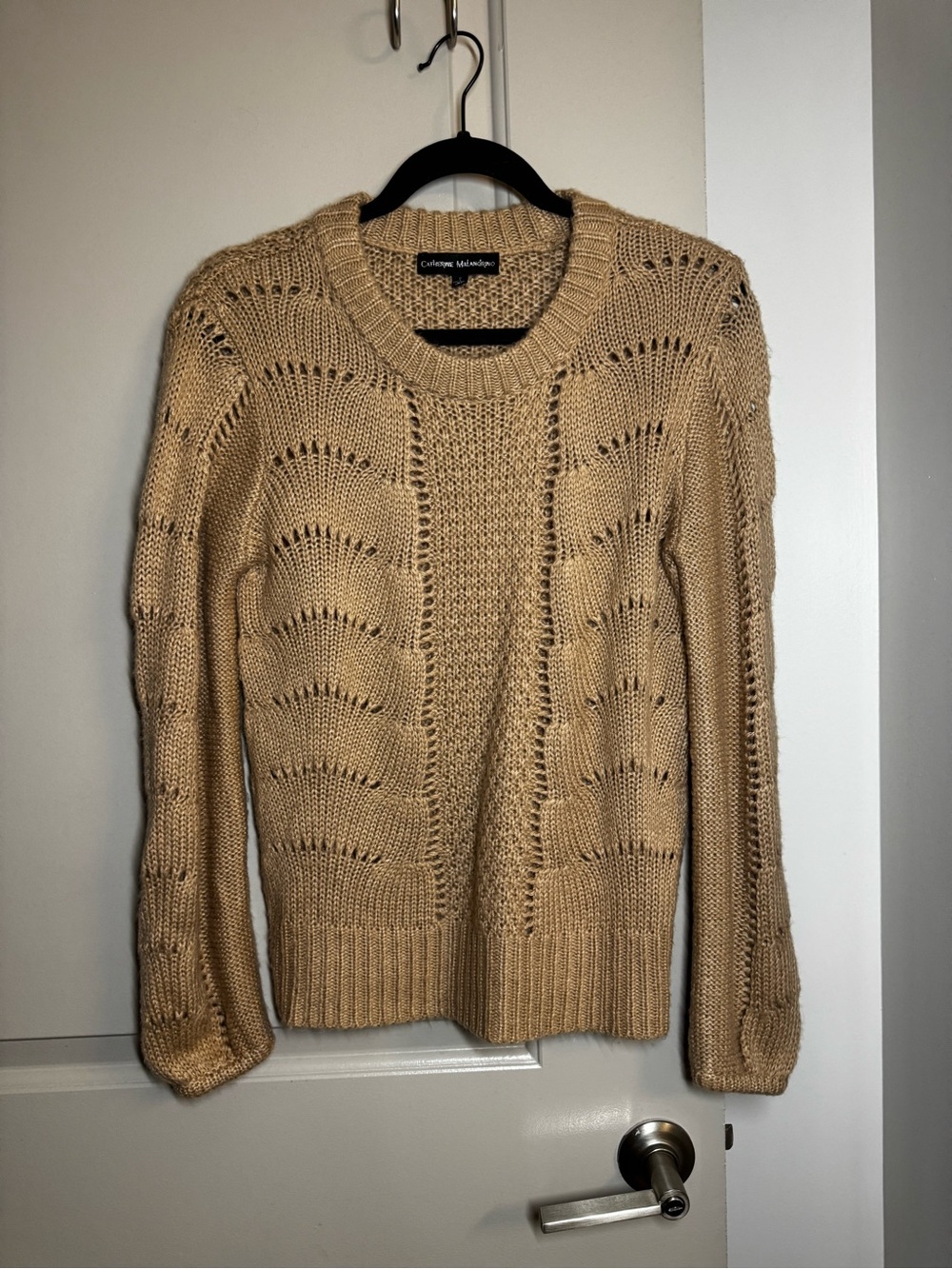 Catherine Malandrino Tan Open-Stitch Crewneck Sweater
